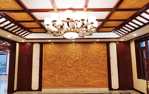 湄潭中式别墅客厅中式木作横梁吊顶装饰展示