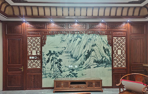 湄潭中式仿古别墅客厅背景墙花格木作装饰
